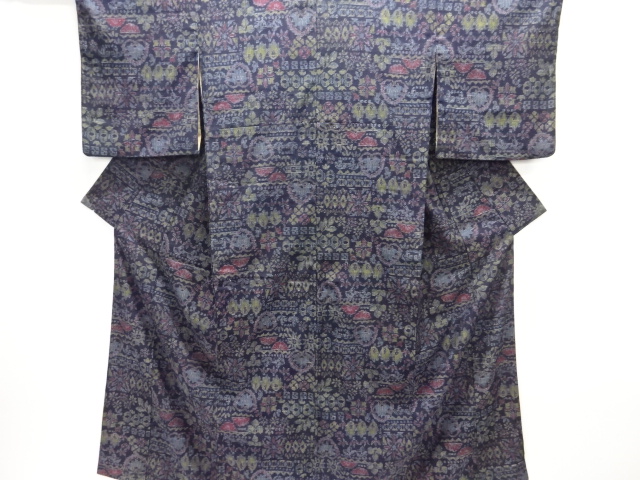 JAPANESE KIMONO / ANTIQUE KIMONO / SILK / MAWATA OJIYA TSUMUGI / WOVEN FLORAL SARASA